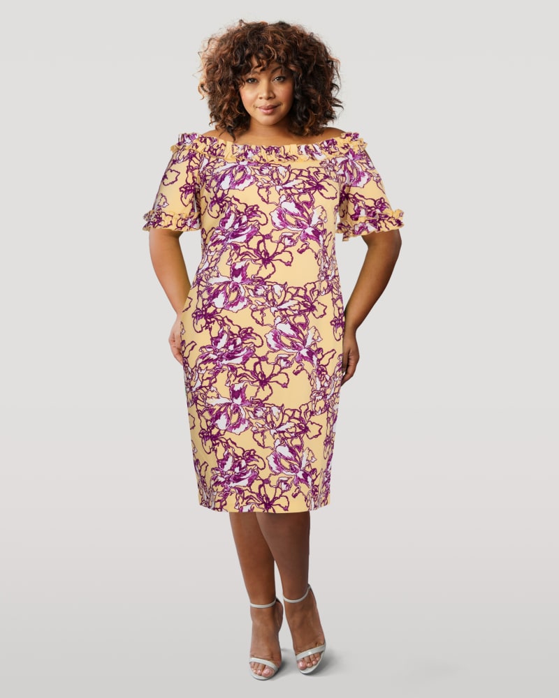 Front of a model wearing a size 2X Off the Shoulder Ruffle Dress in Yellow by Marée Pour Toi. | dia_product_style_image_id:290507